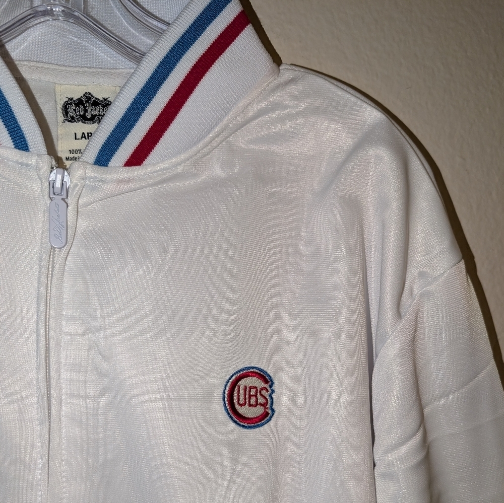 MLB Red Jacket Chicago Cubs Sweater Zipper Men Adults Vintage Size Large White - Picture 2 of 5